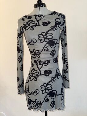 Sheer Mesh Floral Mini Dress Long Sleeve Bodycon Y2K Going Out XS NWT